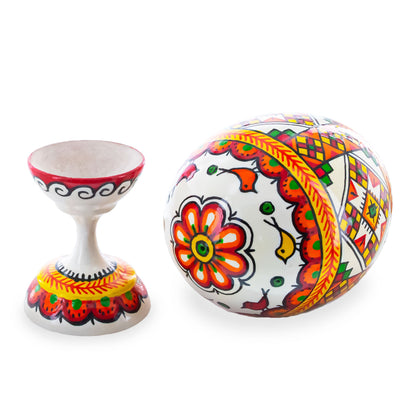 Geometrical Ukrainian Wooden Easter Egg Pysanka on a Stand 3.75 Inches