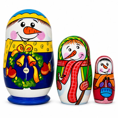 Set of 3 Snowman Family Wooden Nesting Dolls 4.25 Inches