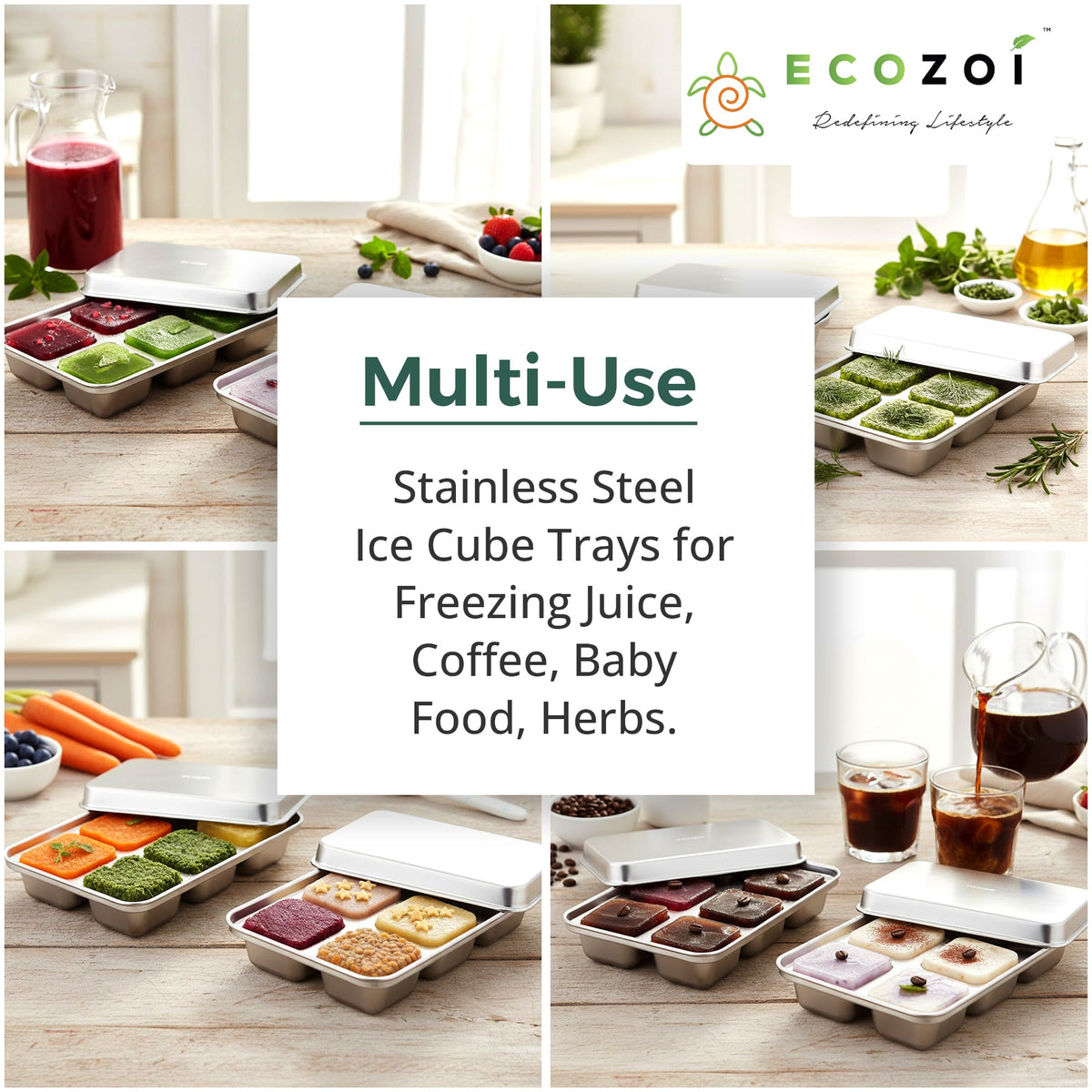 STAINLESS STEEL ICE CUBE TRAYS, 12 Large Cubes, 2 PACK