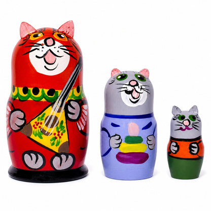 Set of 3 Cat with Balalaika Music Instrument Nesting Dolls 3.5 Inches