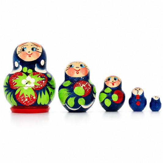 5 Miniature Strawberry Blue Dress Nesting Dolls 1.75 Inches