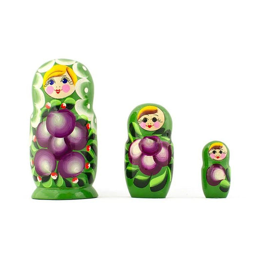 3 Daffodils Flowers on Green Dress  Wooden Nesting Dolls 3.5 Inches