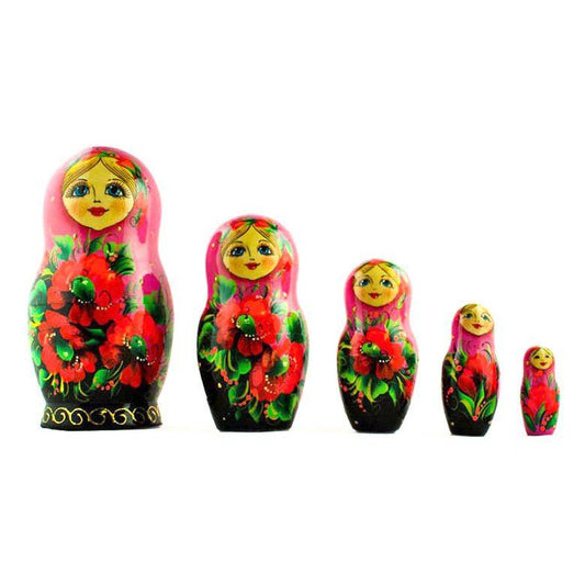 Set of 5 Pink Scarf with Poppy Flowers  Nesting Dolls 7 Inches