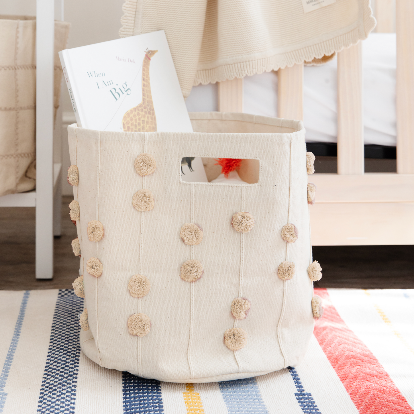 Handmade Canvas Storage Basket Pom Pom - Pecan
