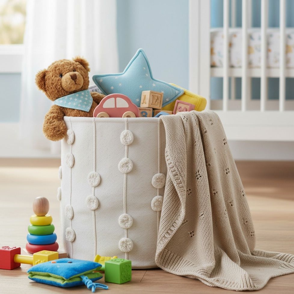 Handmade Canvas Storage Basket Pom Pom - Blush Oat