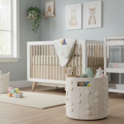 Handmade Canvas Storage Basket Pom Pom - Blush Oat
