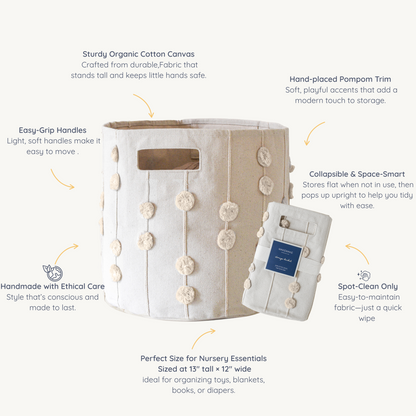 Handmade Canvas Storage Basket Pom Pom - Blush Oat