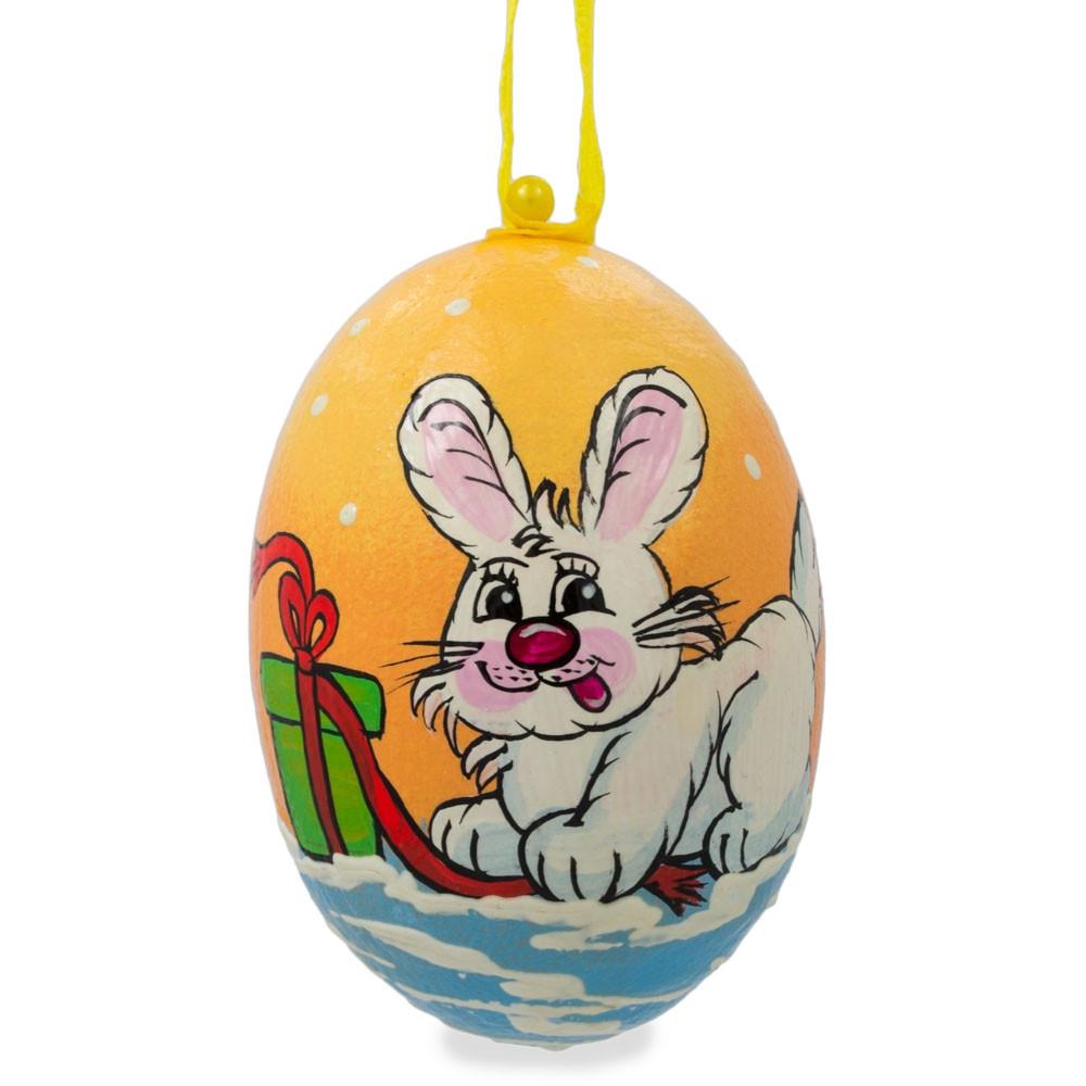 White Bunny with Gift Wooden Christmas Ornament