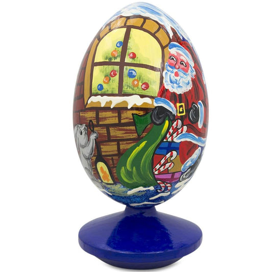 Santa Claus, Bunny Reindeer Looking at the Christmas Tree Wooden Egg 4.75 Inch