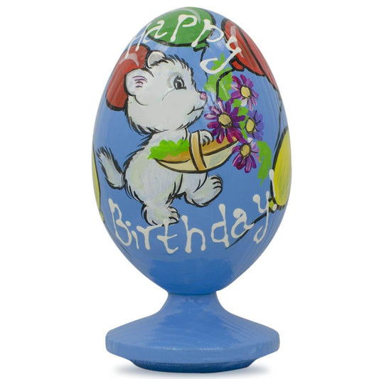 White Cat with Happy Birthday Balloons Wooden Figurine
