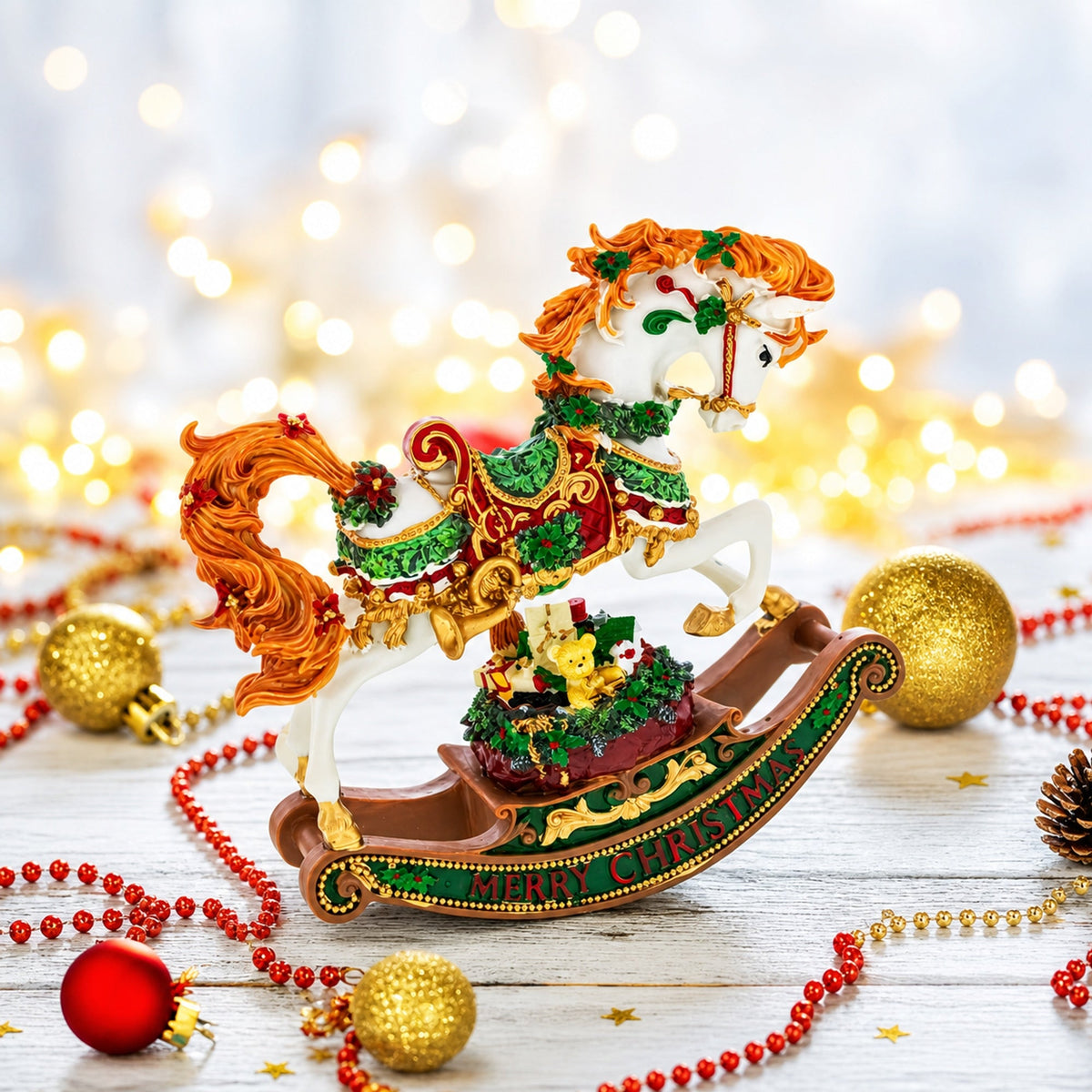 Rocking Horse Carrying Gifts Christmas Musical Figurine