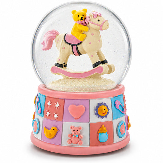 Lullaby Teddy on Rocking Horse Musical Water Snow Globe