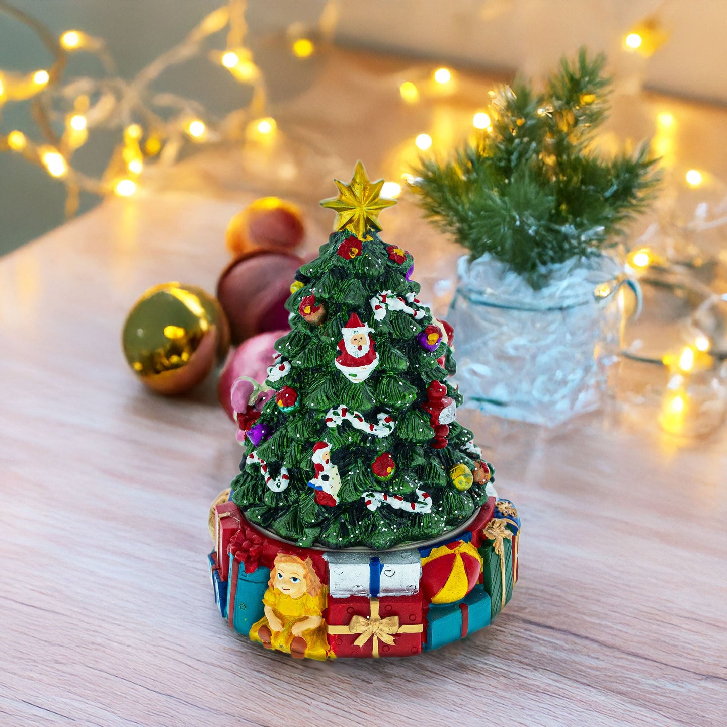 Spinning Base Musical Figurine with Children Decorating Christmas Tree