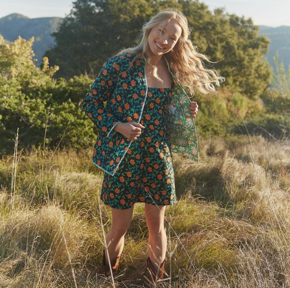Nancy Reversible Quilted Jacket - Fern/Ivory Floral & Faded Black/Bright Clementine/Moss Floral Prints