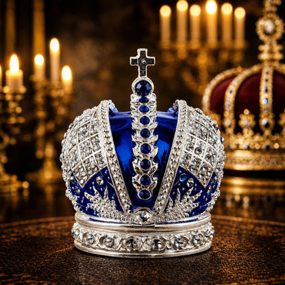 Royal Crown with Cross in Blue Enamel Jewelry Trinket Box Figurine