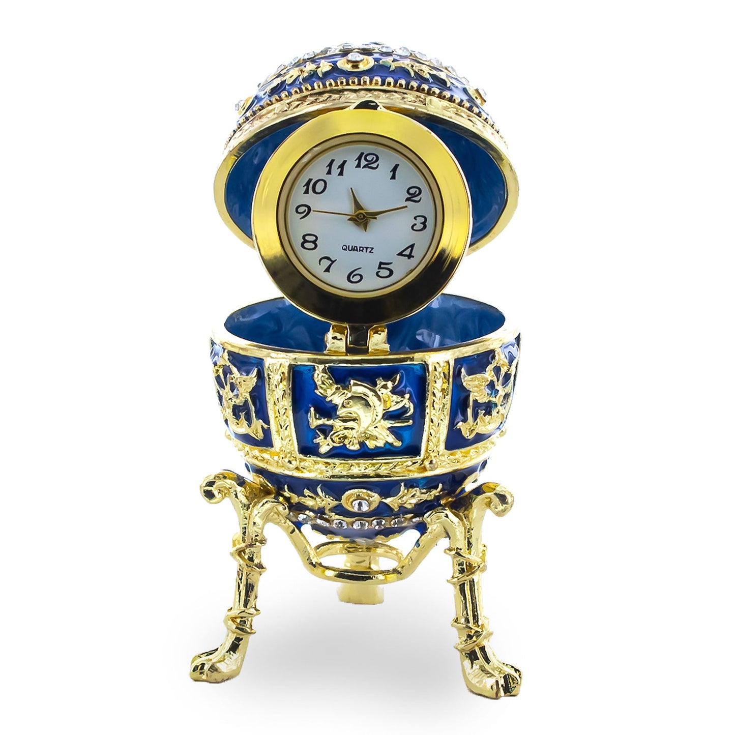 Blue Enamel Royal Inspired Imperial Easter Egg with Clock Surprise