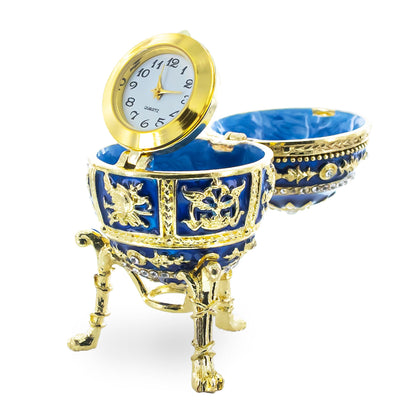 Blue Enamel Royal Inspired Imperial Easter Egg with Clock Surprise