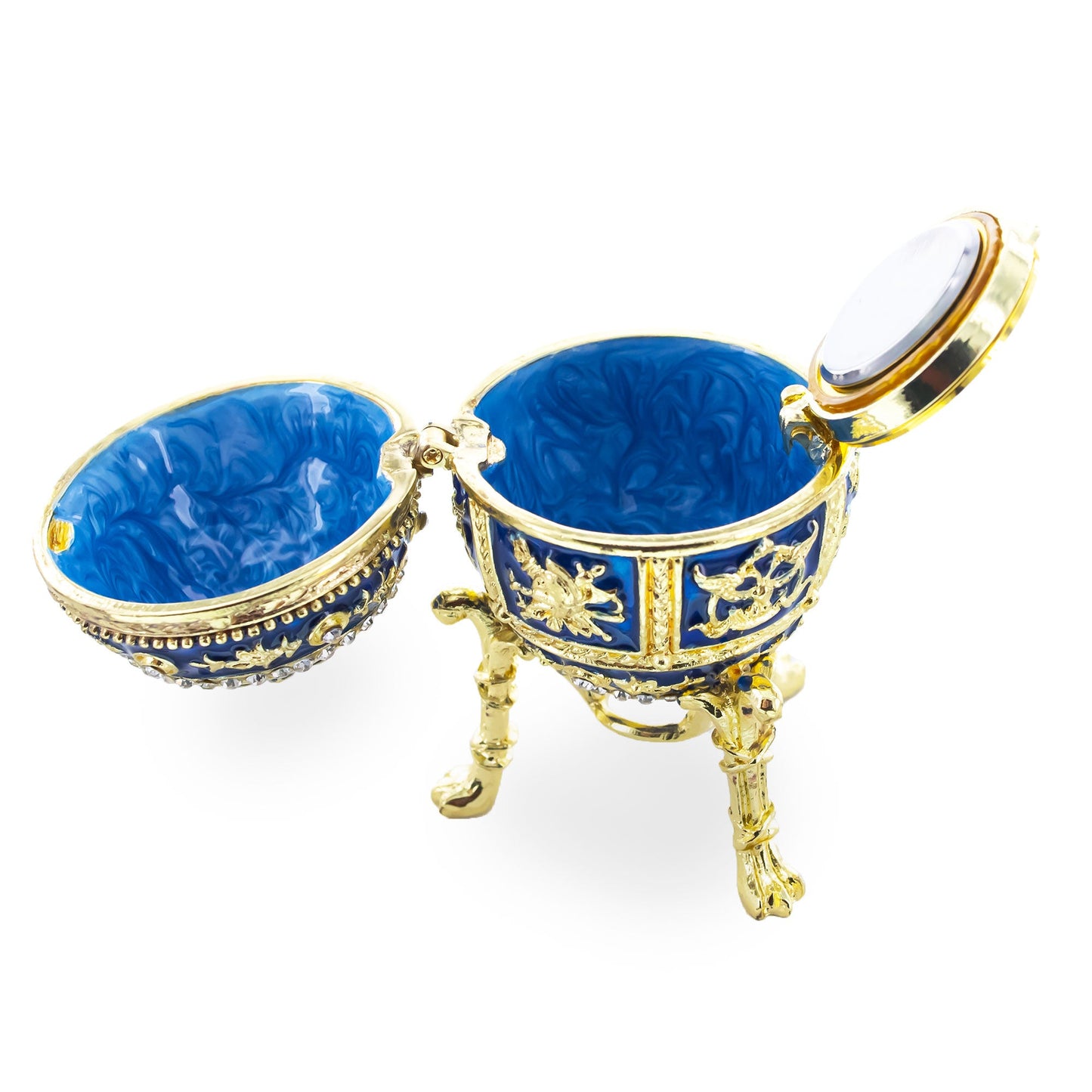 Blue Enamel Royal Inspired Imperial Easter Egg with Clock Surprise