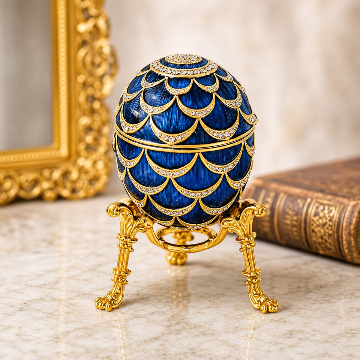 Blue Enamel Pinecone Royal Inspired Imperial Easter Egg with Clock
