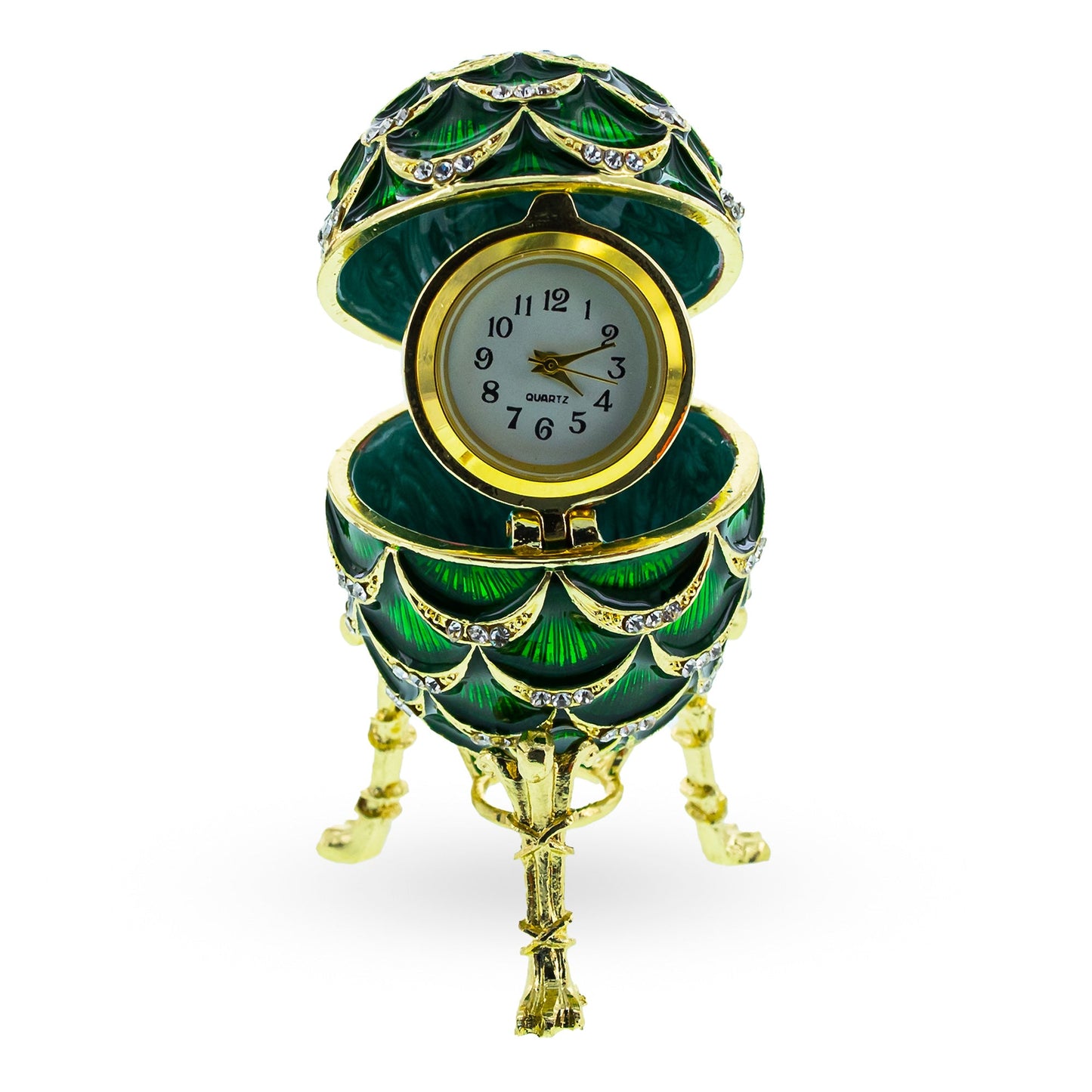 Green Enamel Pinecone Royal Inspired Imperial Easter Egg with Clock Surprise
