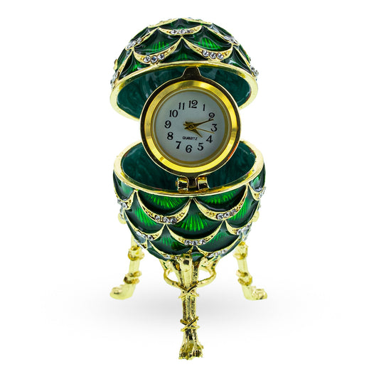 Green Enamel Pinecone Royal Inspired Imperial Easter Egg with Clock Surprise