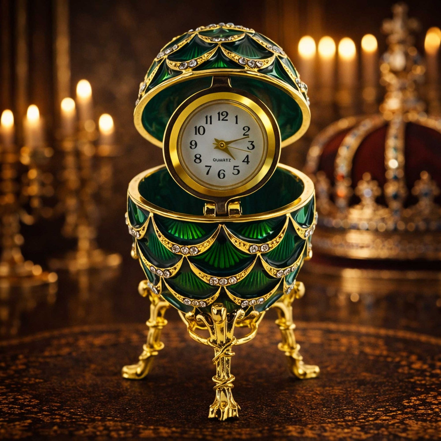 Green Enamel Pinecone Royal Inspired Imperial Easter Egg with Clock Surprise