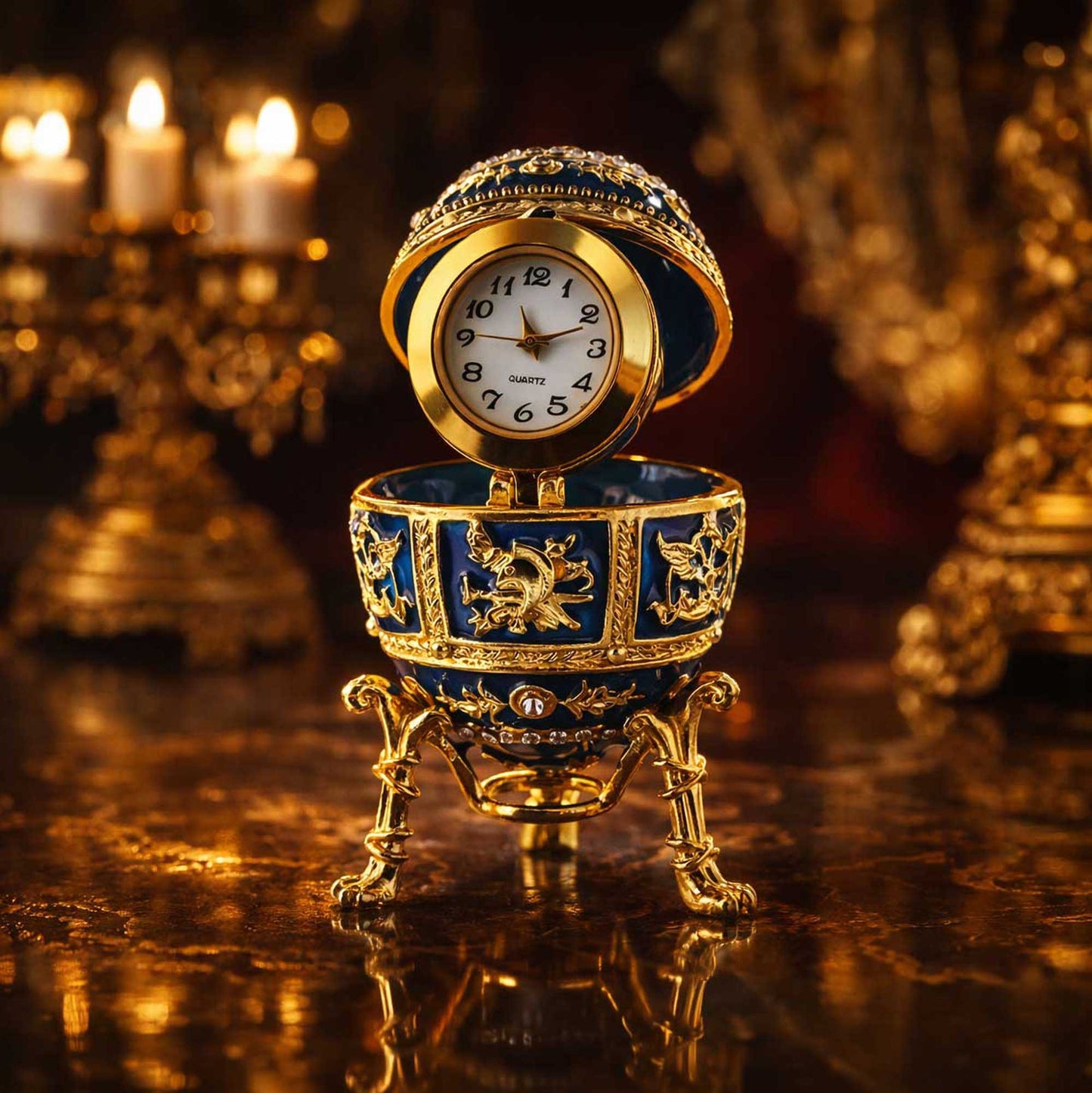 Blue Enamel Royal Inspired Imperial Easter Egg with Clock Surprise