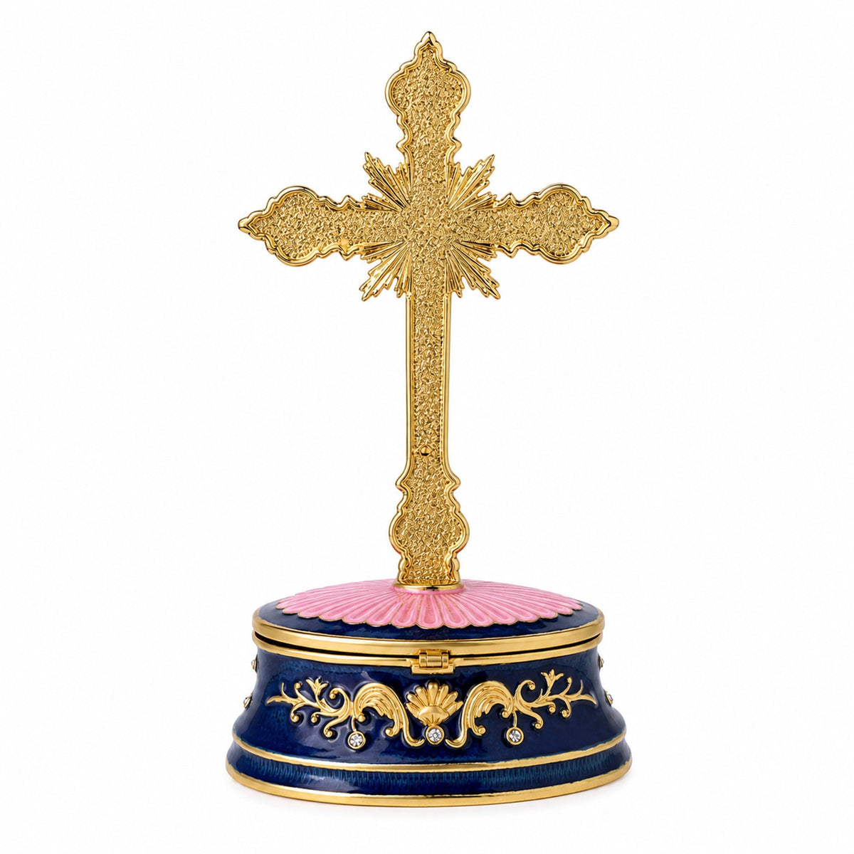 Jeweled Standing Metal Cross Trinket or Rosary Box