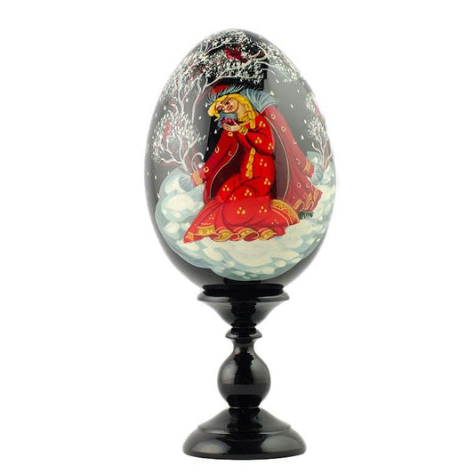 Snowy Forest Scene with Maiden Wooden Easter Egg 6.25 Inches