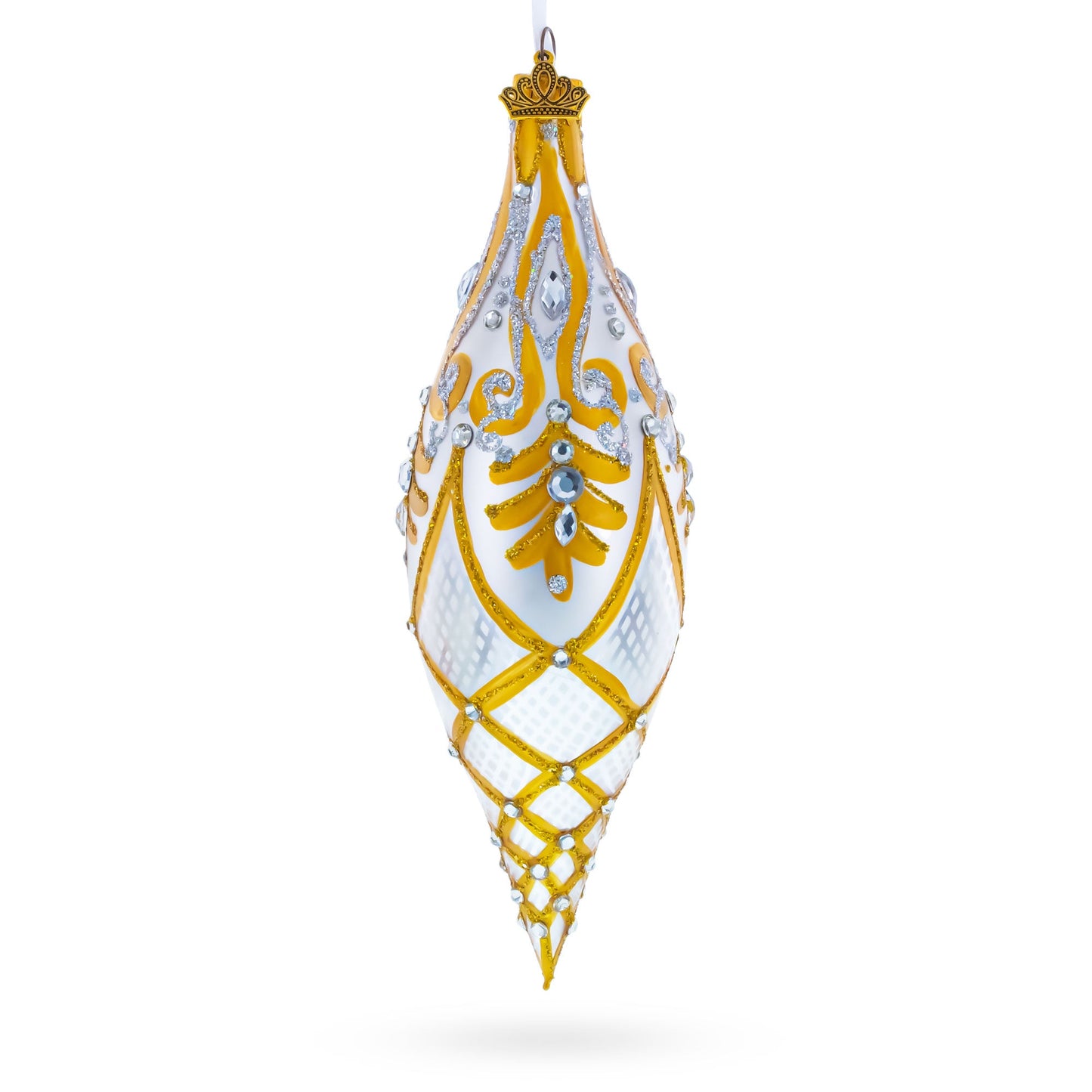 Gold & White Baroque-Style Gem-Encrusted Elongated Pointed Teardrop Finial Glass Christmas Ornament