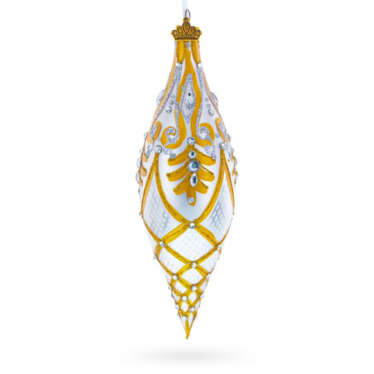Gold & White Baroque-Style Gem-Encrusted Elongated Pointed Teardrop Finial Glass Christmas Ornament
