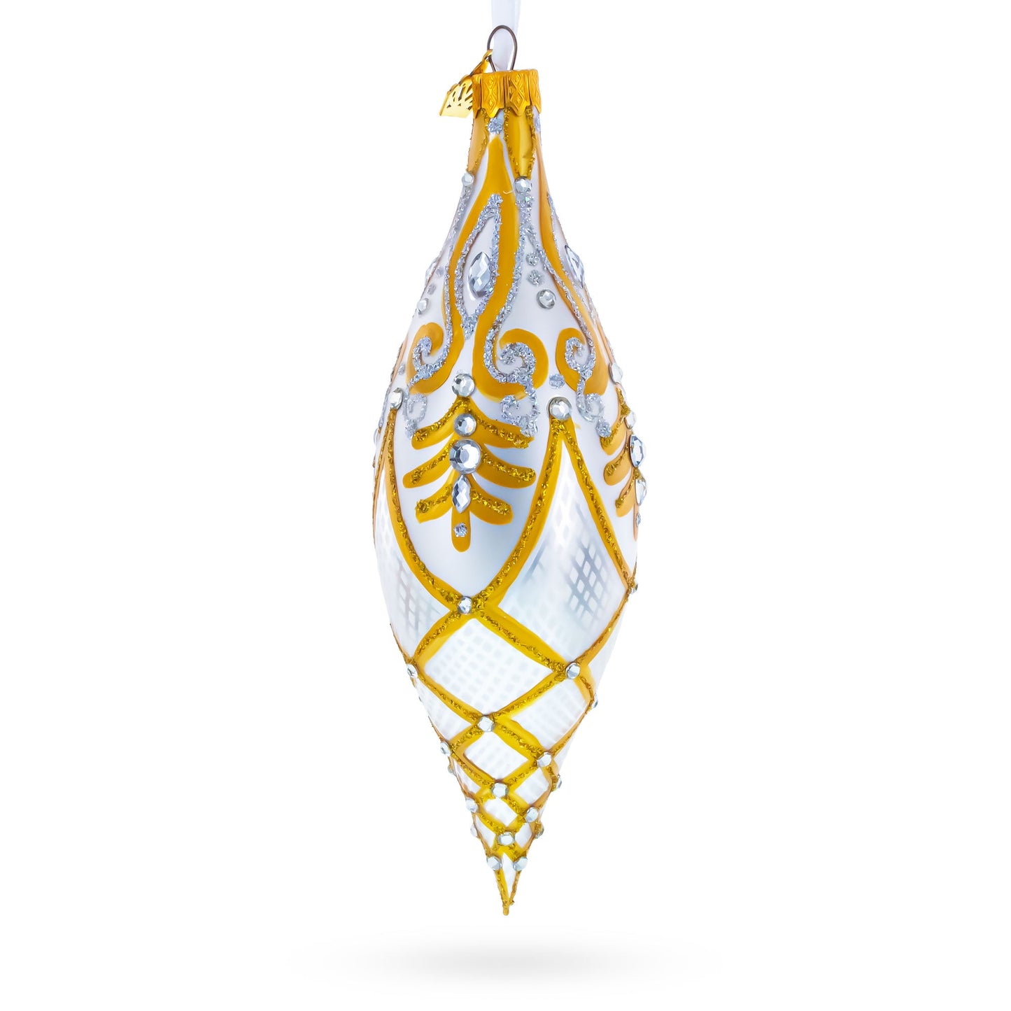Gold & White Baroque-Style Gem-Encrusted Elongated Pointed Teardrop Finial Glass Christmas Ornament