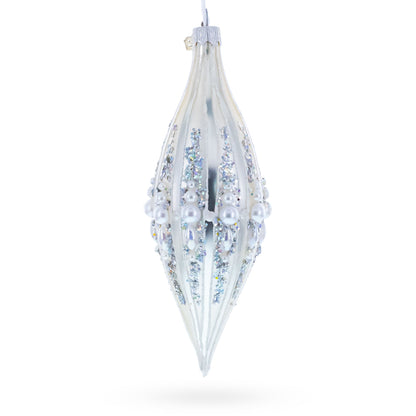 Pearl and Glitter Jeweled Elongated Pointed Teardrop Finial Glass Christmas Ornament