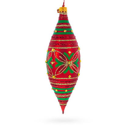 Red and Green Glitter Jeweled Elongated Pointed Teardrop Finial Glass Christmas Ornament