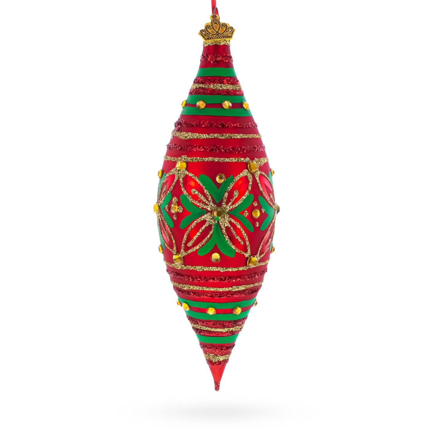 Red and Green Glitter Jeweled Elongated Pointed Teardrop Finial Glass Christmas Ornament