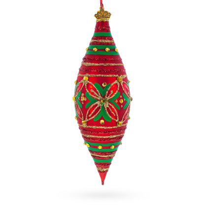 Red and Green Glitter Jeweled Elongated Pointed Teardrop Finial Glass Christmas Ornament