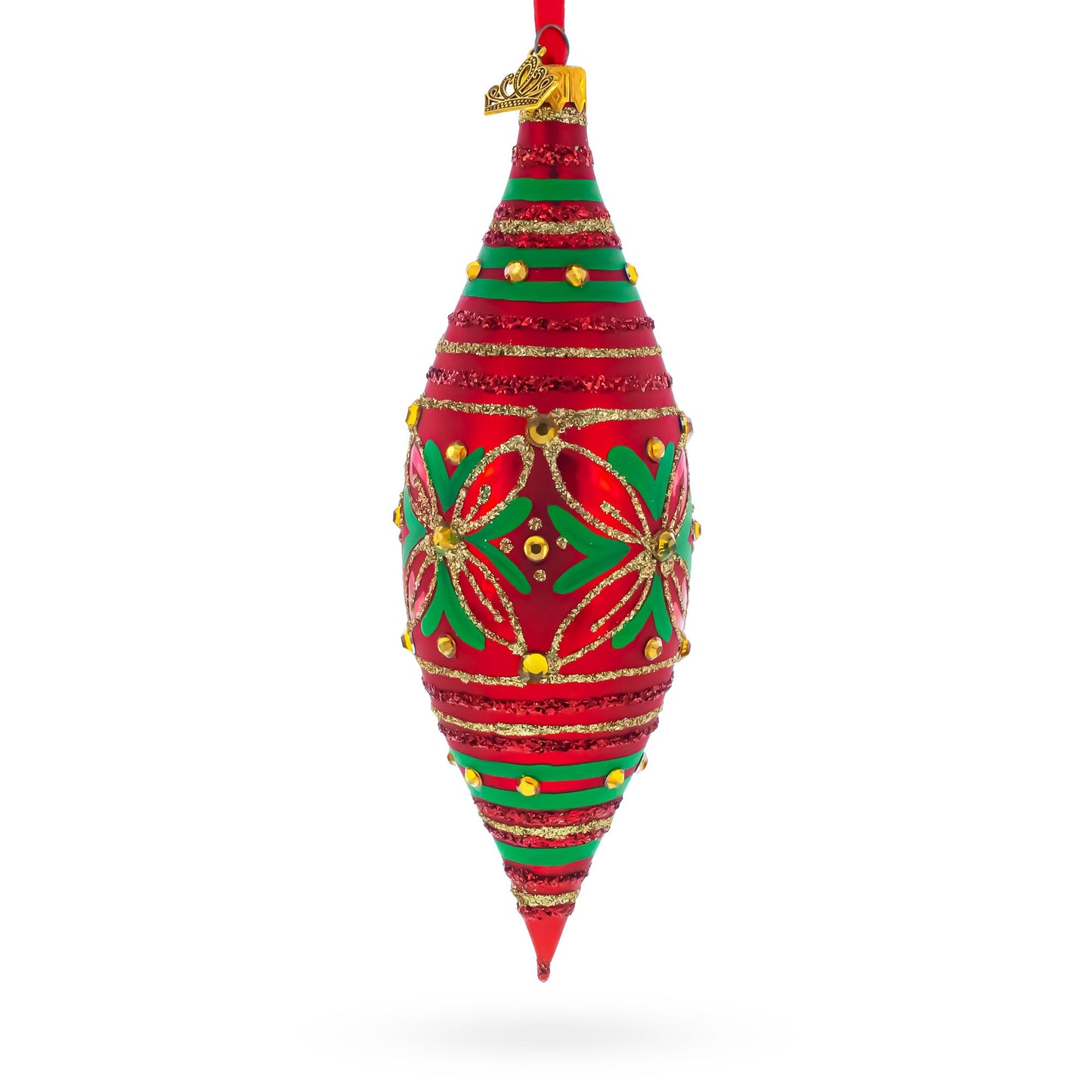 Red and Green Glitter Jeweled Elongated Pointed Teardrop Finial Glass Christmas Ornament