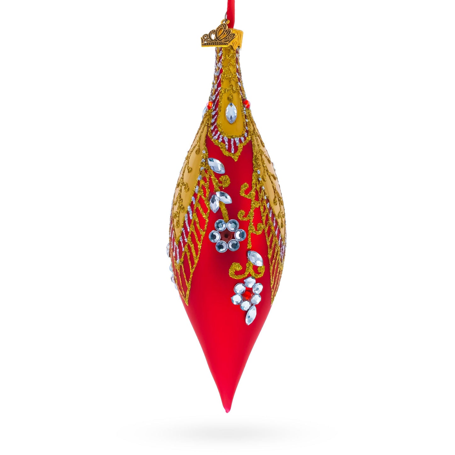 Red and Gold Jewel-Encrusted Elongated Pointed Teardrop Finial Glass Christmas Ornament
