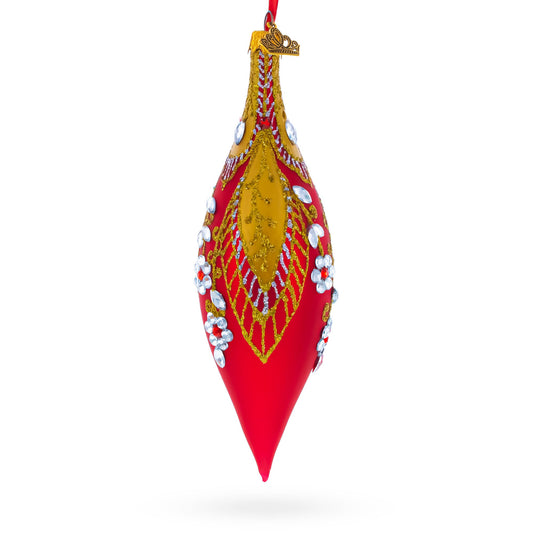 Red and Gold Jewel-Encrusted Elongated Pointed Teardrop Finial Glass Christmas Ornament