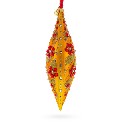Gold and Red Floral Jeweled Elongated Pointed Teardrop Finial Glass Christmas Ornament