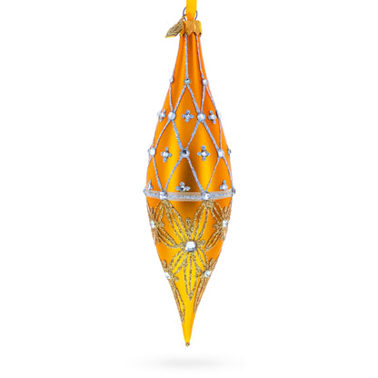 Golden Lattice and Floral Pattern Jeweled Elongated Pointed Teardrop Finial Glass Christmas Ornament