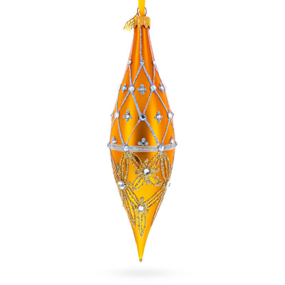 Golden Lattice and Floral Pattern Jeweled Elongated Pointed Teardrop Finial Glass Christmas Ornament