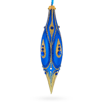 Royal Blue and Gold Jeweled Elongated Pointed Teardrop Finial Glass Christmas Ornament