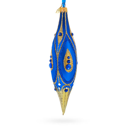 Royal Blue and Gold Jeweled Elongated Pointed Teardrop Finial Glass Christmas Ornament