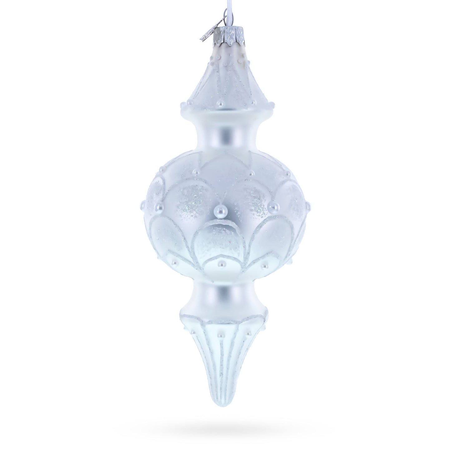 Snowy Pearl Double-Ended Finial Drop Glass Christmas Ornament