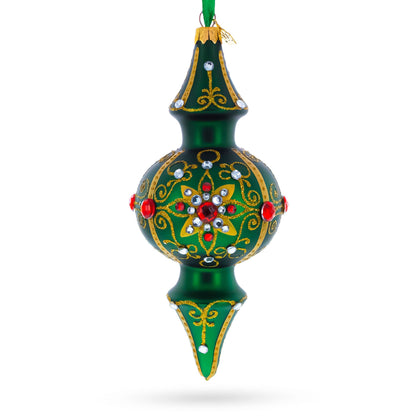 Emerald Baroque Jeweled Double-Ended Finial Drop Glass Christmas Ornament
