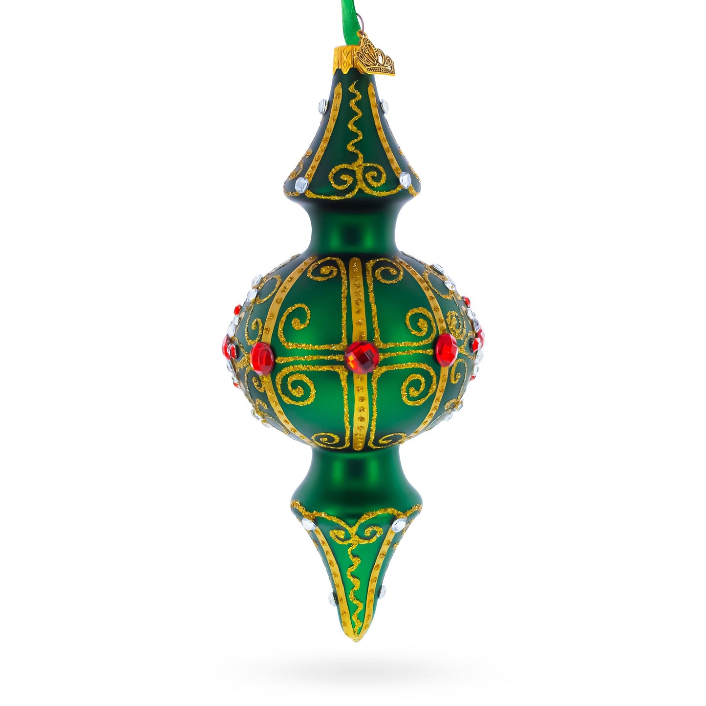 Emerald Baroque Jeweled Double-Ended Finial Drop Glass Christmas Ornament