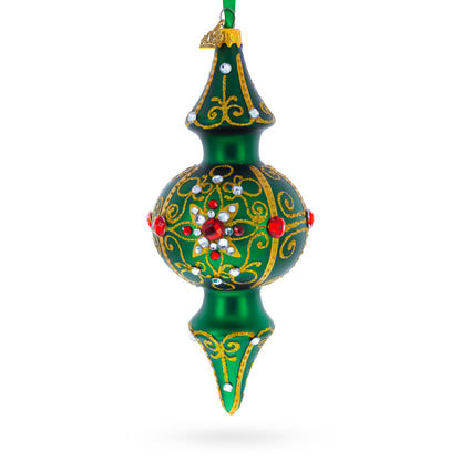 Emerald Baroque Jeweled Double-Ended Finial Drop Glass Christmas Ornament