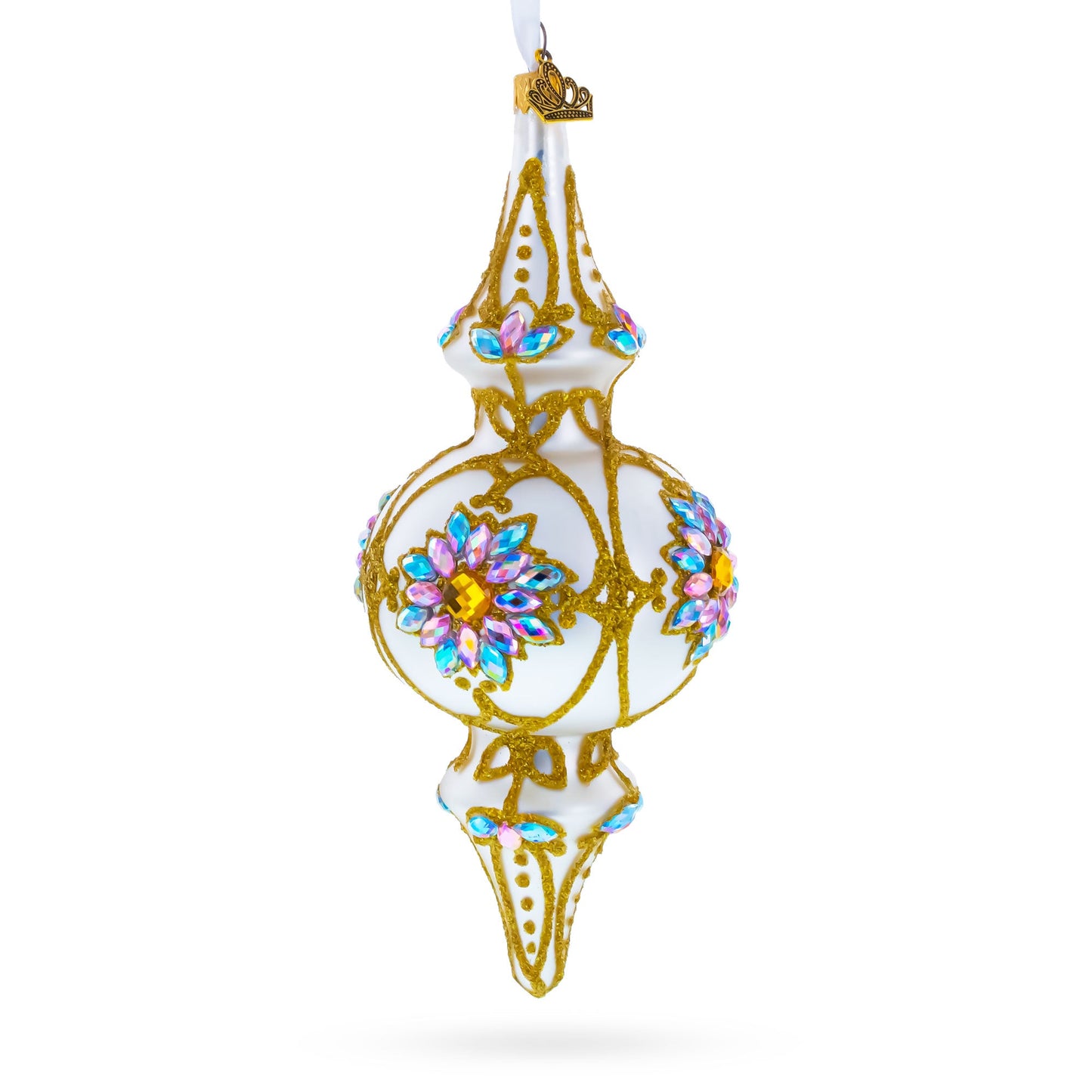 Pearl White Baroque Double-Ended Finial Drop Glass Christmas Ornament