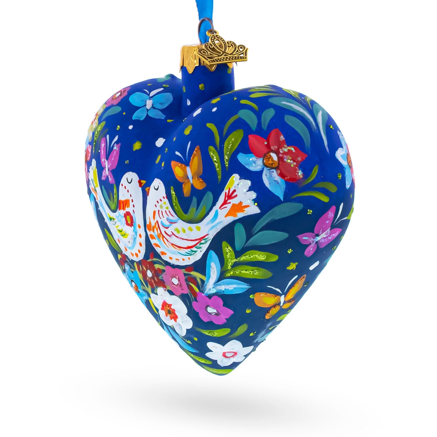 Blue Folk Art Whimsical Doves & Flowers Heart Glass Ornament